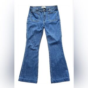 MNG Dark Wash Blue Denim Flared Jeans with Pockets - Size 8
